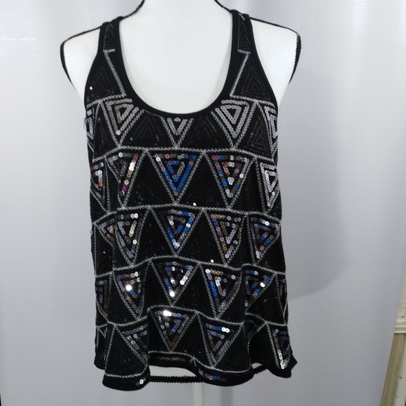 Almost Famous Sheer Sequin Tank Top Black Large - Picture 2 of 6